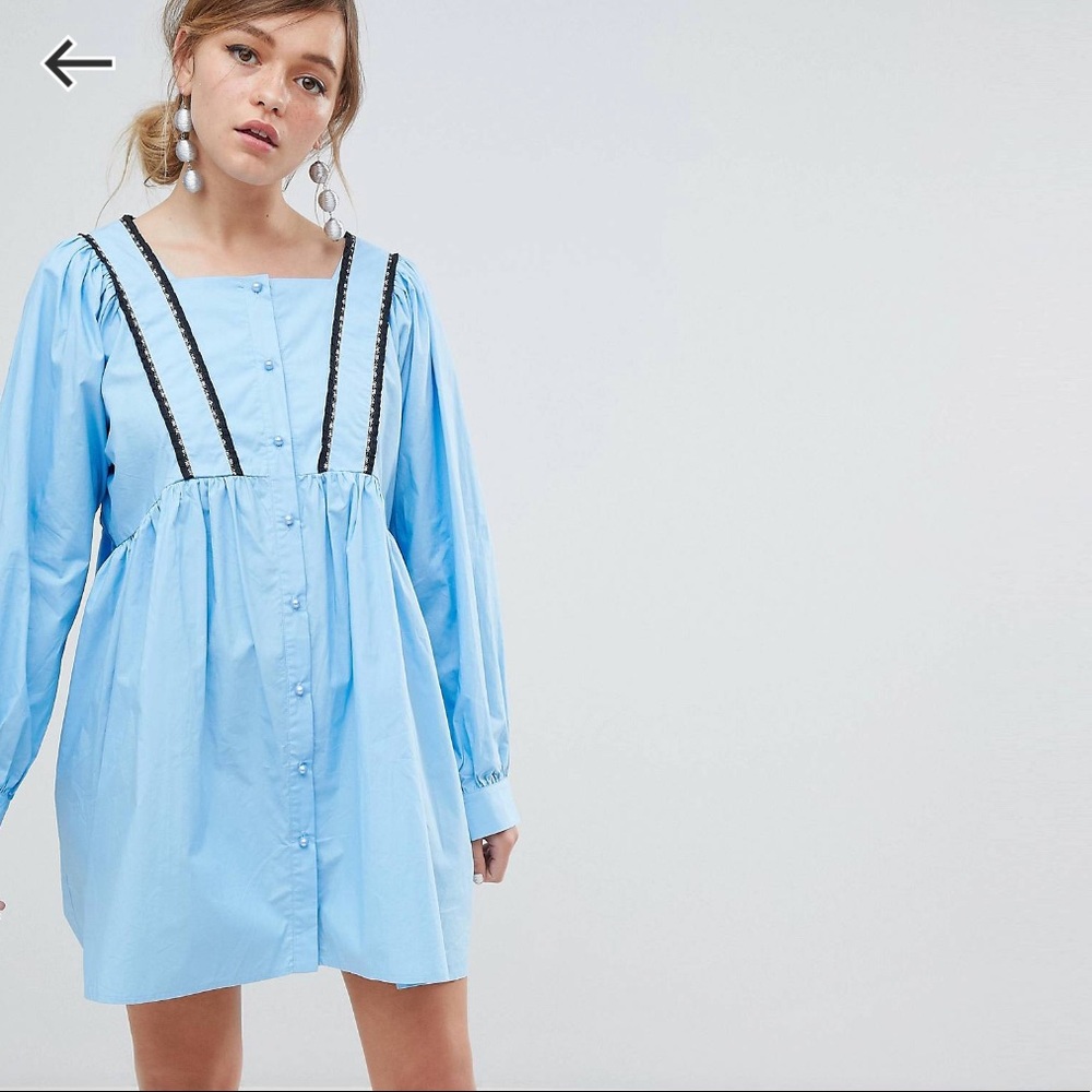 Sister Jane Blue Babydoll Dress with Floral Trim